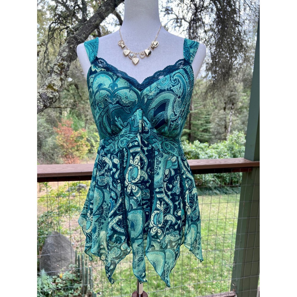 Vintage Y2K Going Out Top M Paisley Fairy Handkerchief Hem Top Teal Lace Trim